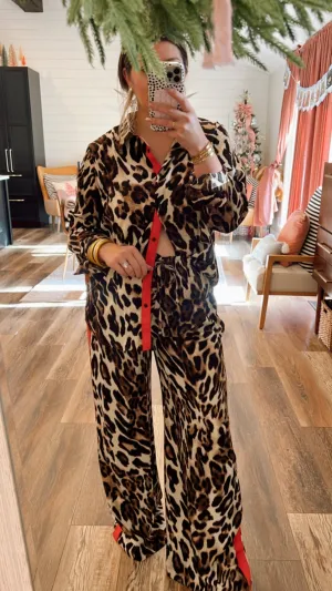 Red Glory Leopard Satin Pants