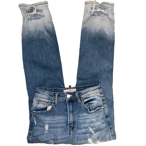 RISEN Jeans Distressed Two Tone Denim Straight Women Size 3 Boho Stretch Edgy