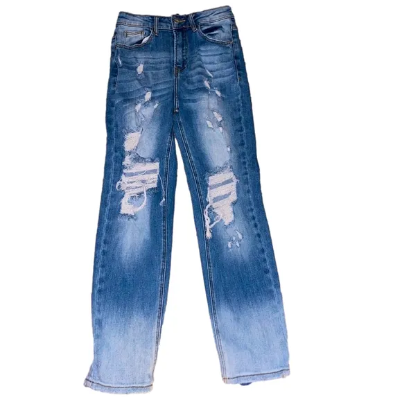 RISEN Jeans Distressed Two Tone Denim Straight Women Size 3 Boho Stretch Edgy
