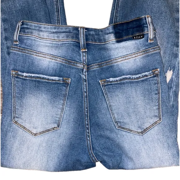 RISEN Jeans Distressed Two Tone Denim Straight Women Size 3 Boho Stretch Edgy