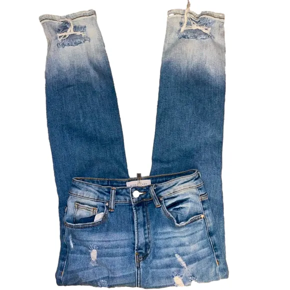 RISEN Jeans Distressed Two Tone Denim Straight Women Size 3 Boho Stretch Edgy