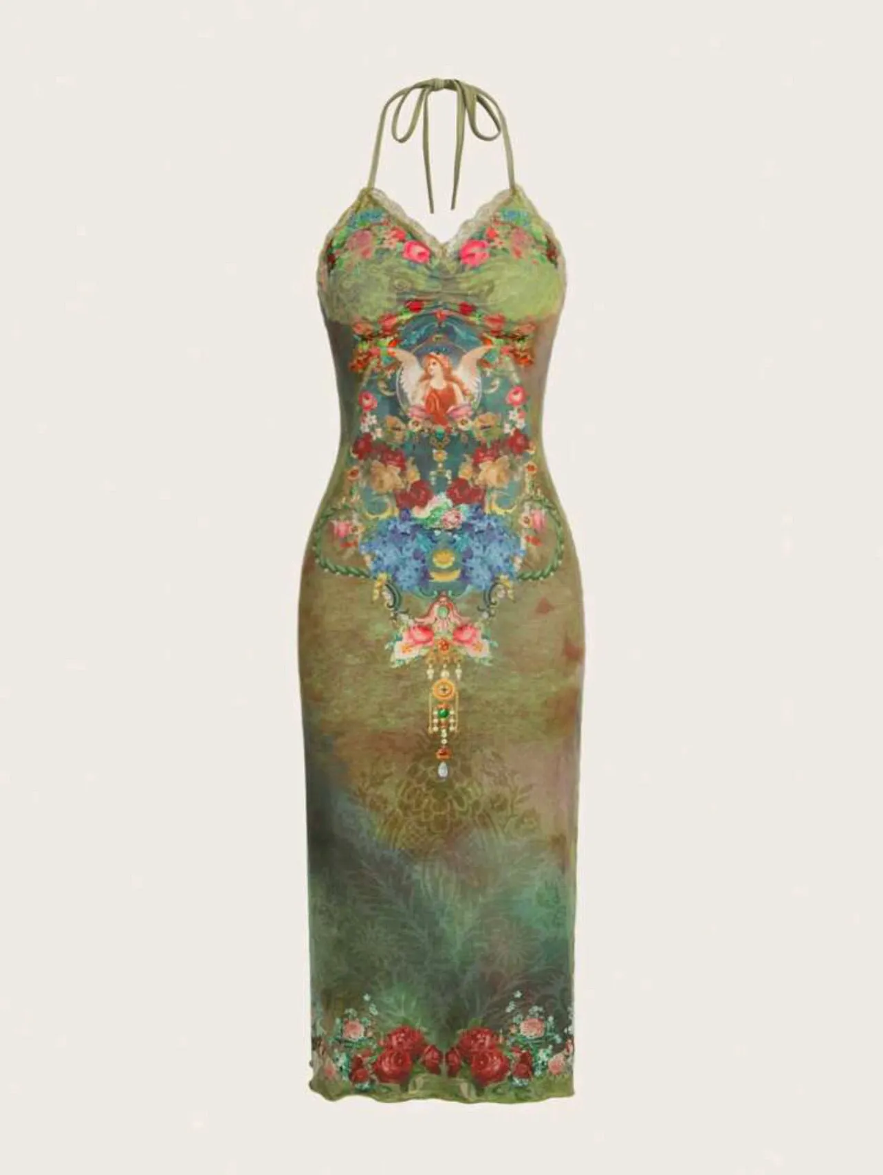 Romani Floral Halter Backless Dress x Green