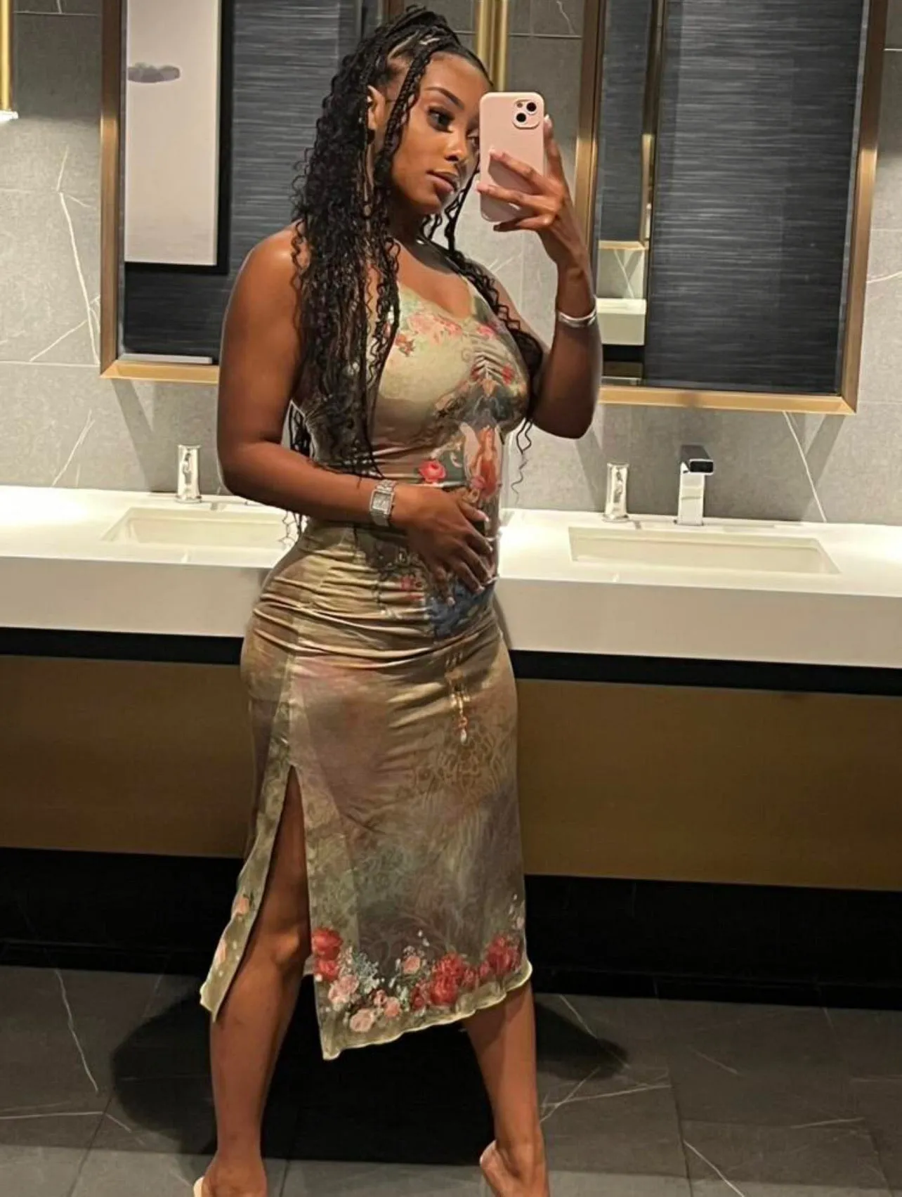 Romani Floral Halter Backless Dress x Green