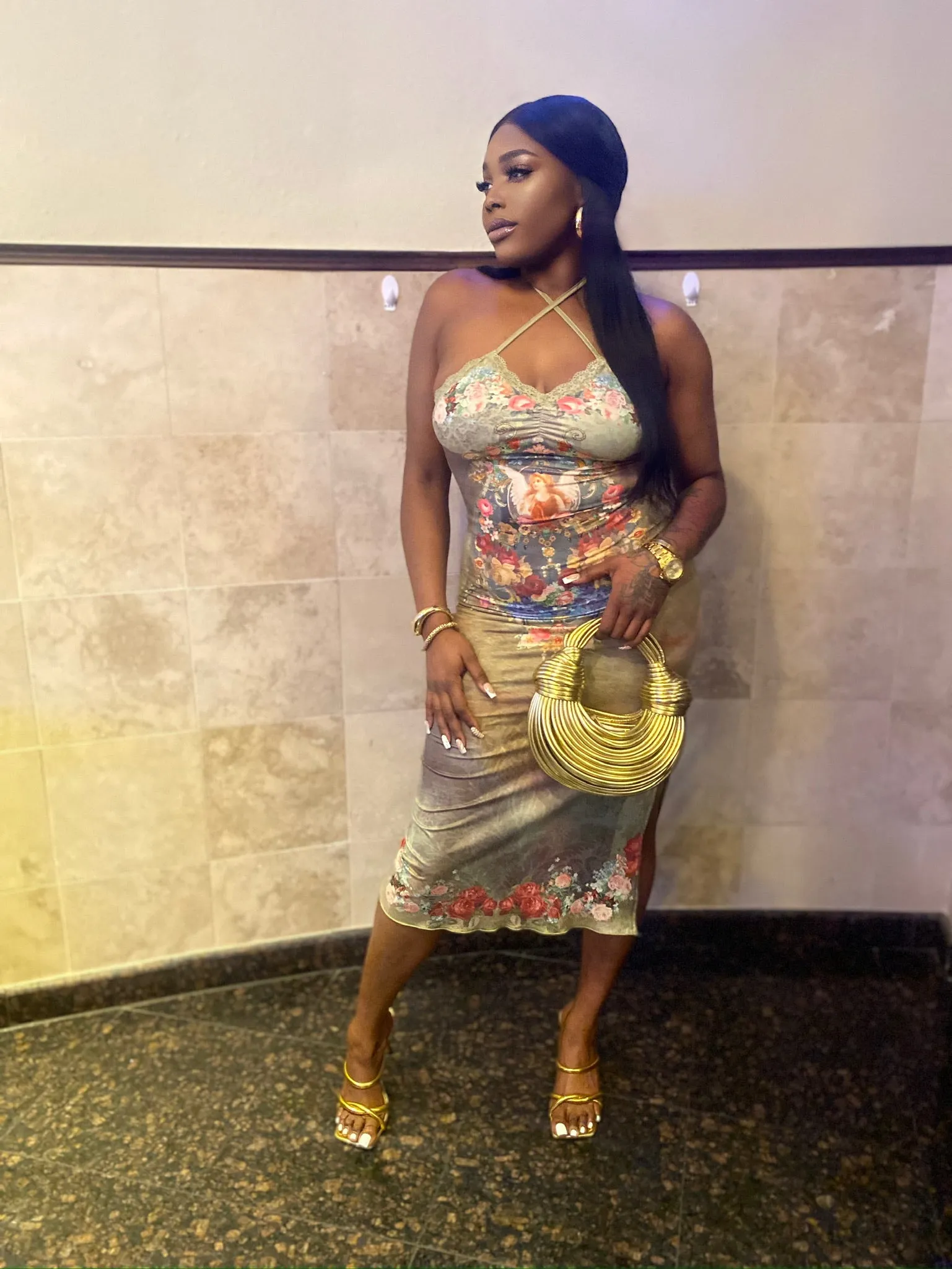 Romani Floral Halter Backless Dress x Green
