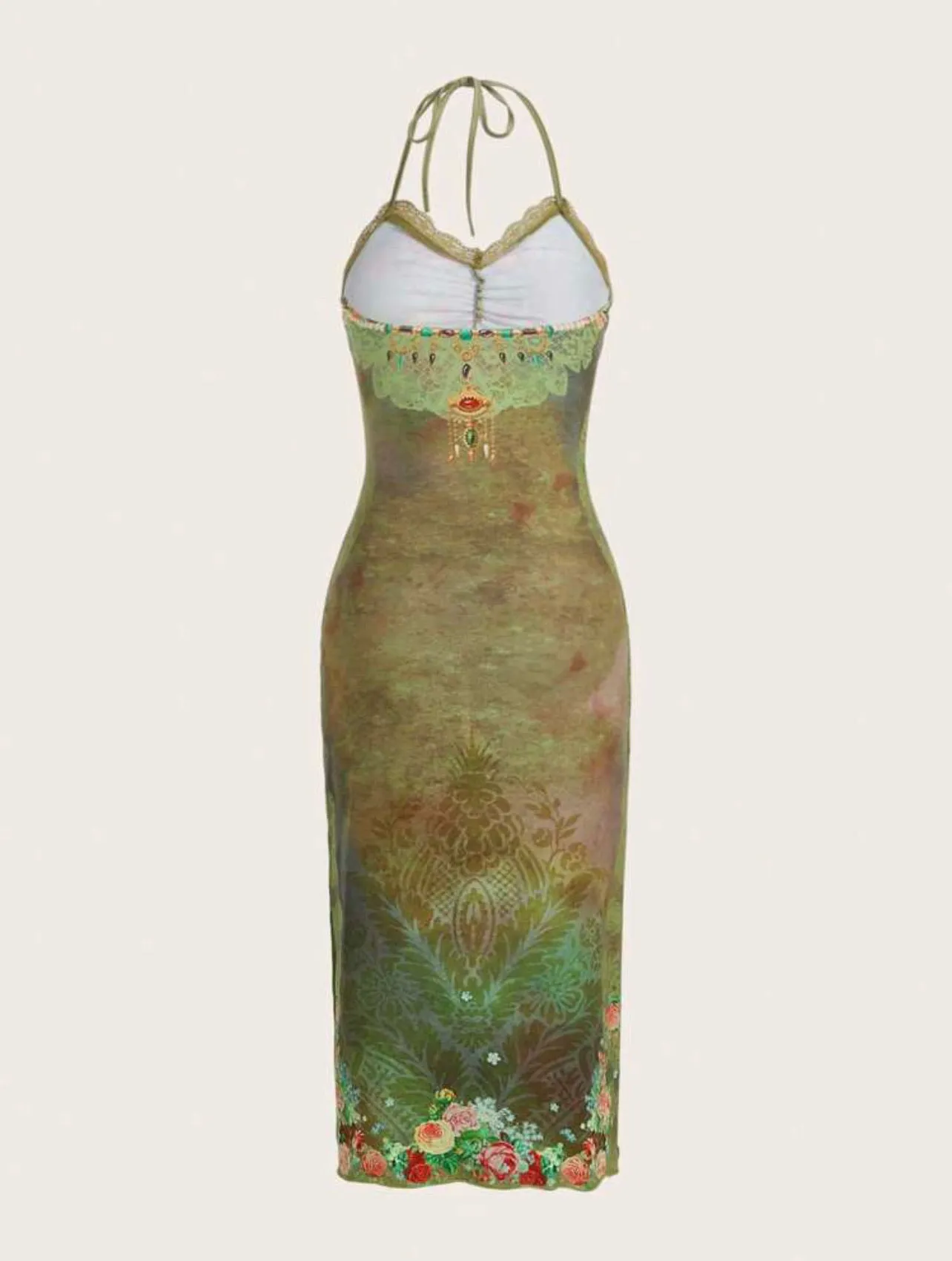 Romani Floral Halter Backless Dress x Green