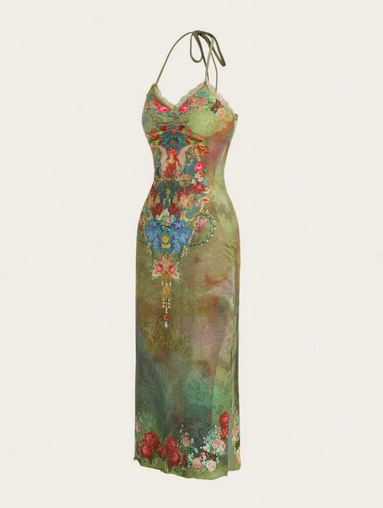 Romani Floral Halter Backless Dress x Green