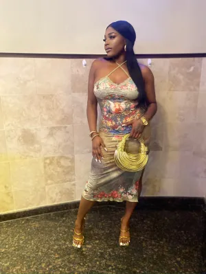 Romani Floral Halter Backless Dress x Green