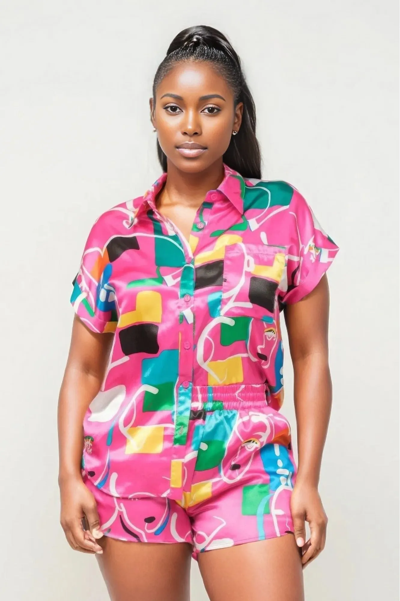 Satin Print Button Down Top And Shorts Set
