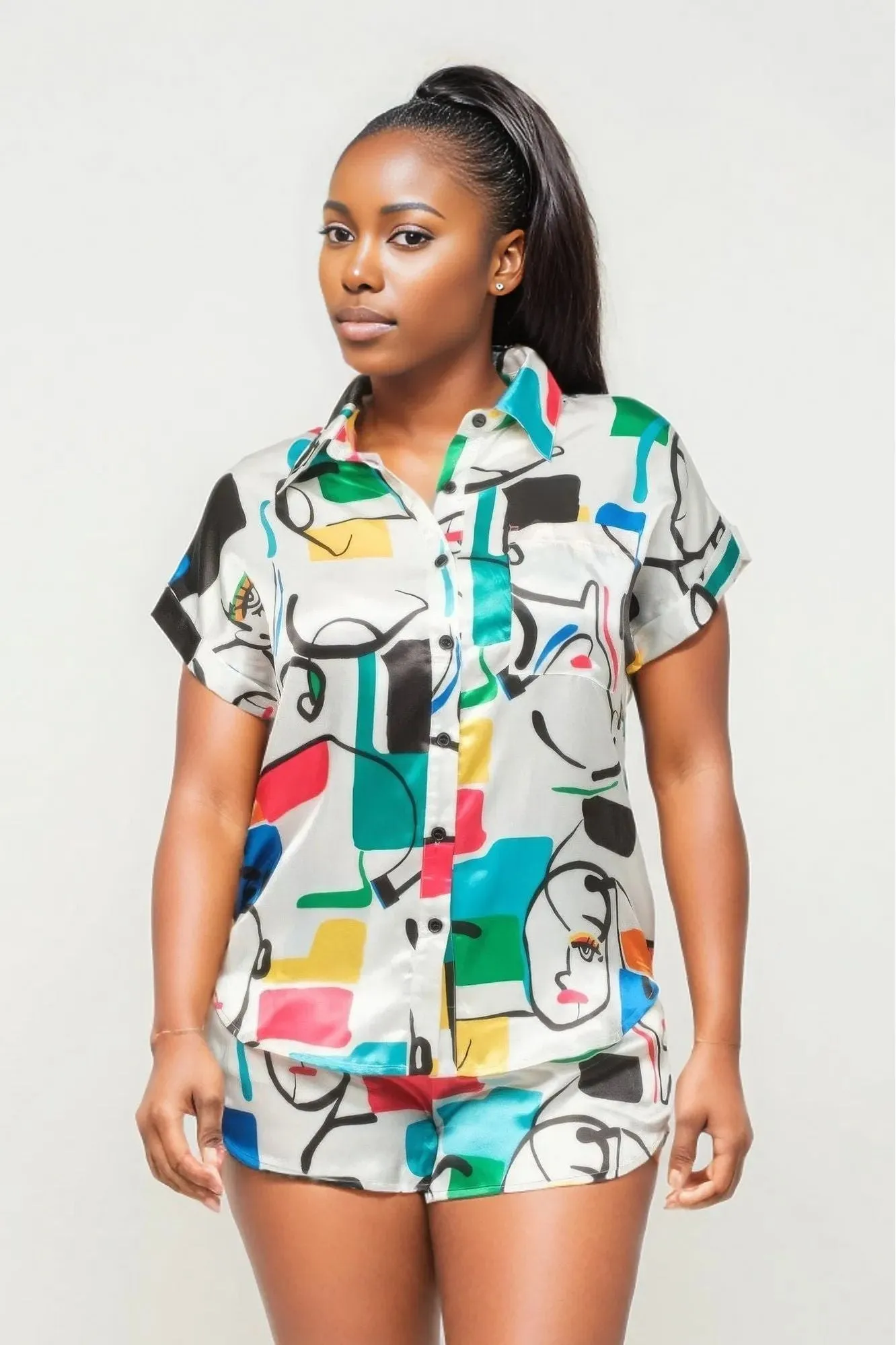 Satin Print Button Down Top And Shorts Set