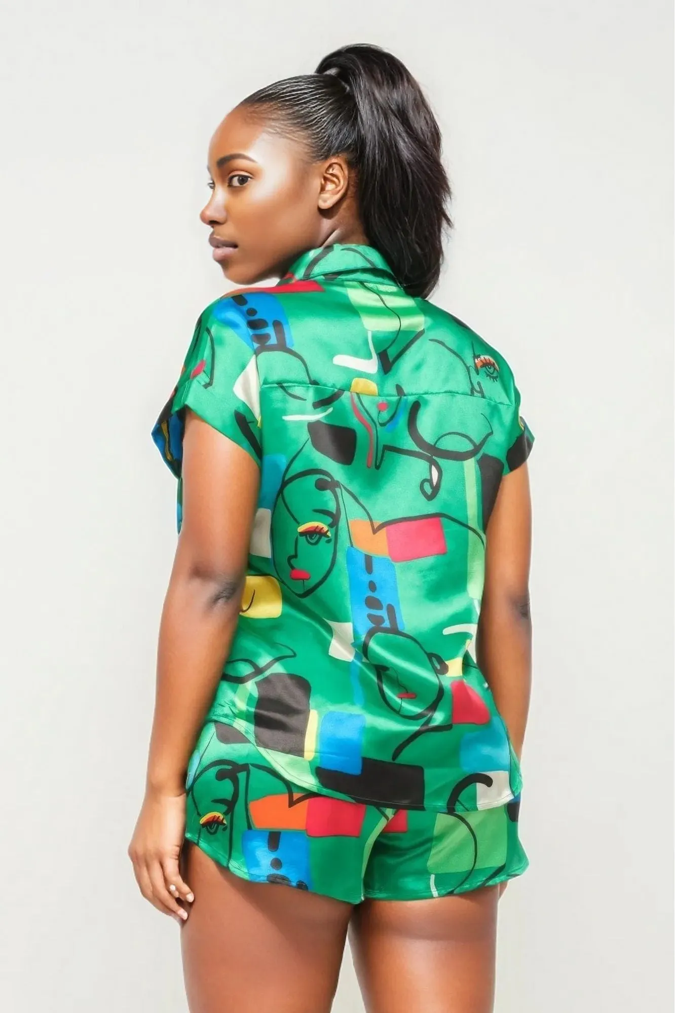 Satin Print Button Down Top And Shorts Set