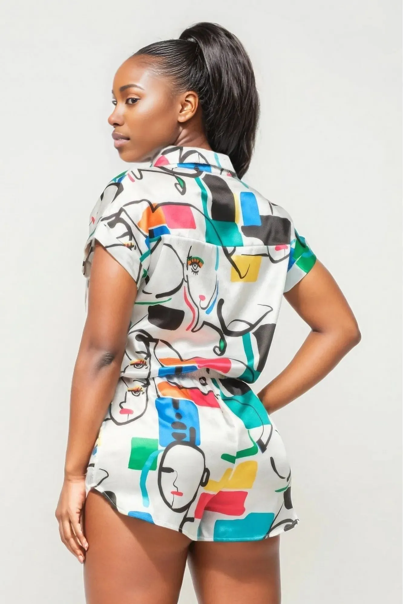 Satin Print Button Down Top And Shorts Set