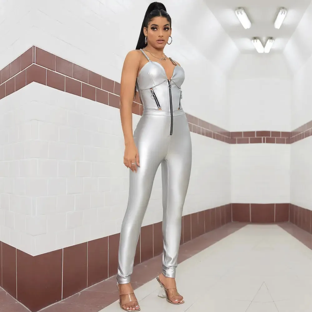 Shiny Silver Leather Cat Suit - Regular Fit Melody Style