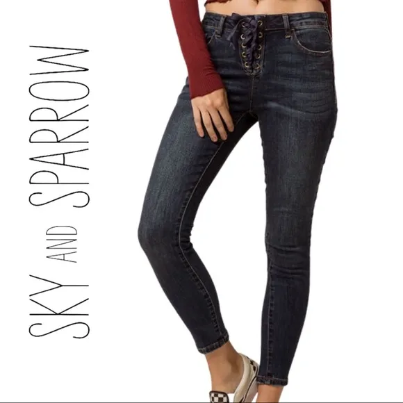 Sky and Sparrow Lace Up High Waist Jeans Skinny Whisker Front 11 Juniors Blue