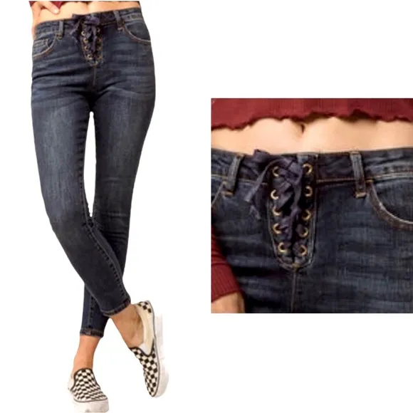 Sky and Sparrow Lace Up High Waist Jeans Skinny Whisker Front 11 Juniors Blue