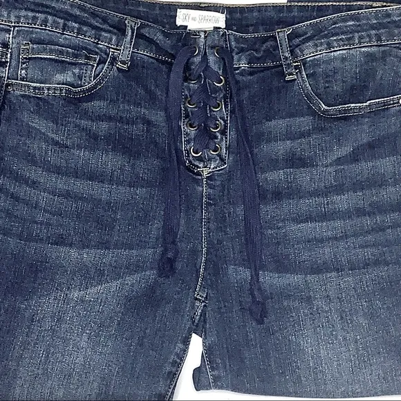 Sky and Sparrow Lace Up High Waist Jeans Skinny Whisker Front 11 Juniors Blue