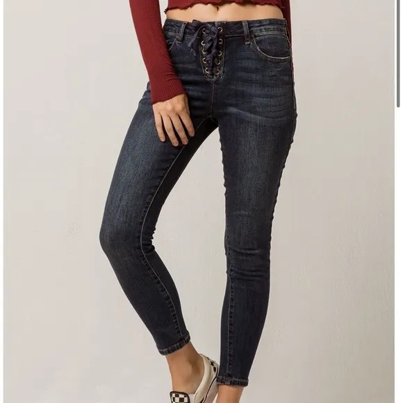 Sky and Sparrow Lace Up High Waist Jeans Skinny Whisker Front 11 Juniors Blue