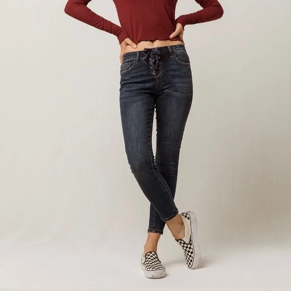 Sky and Sparrow Lace Up High Waist Jeans Skinny Whisker Front 11 Juniors Blue