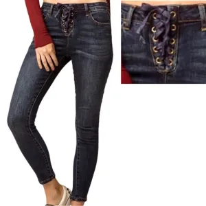 Sky and Sparrow Lace Up High Waist Jeans Skinny Whisker Front 11 Juniors Blue