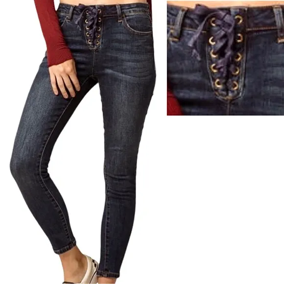 Sky and Sparrow Lace Up High Waist Jeans Skinny Whisker Front 11 Juniors Blue