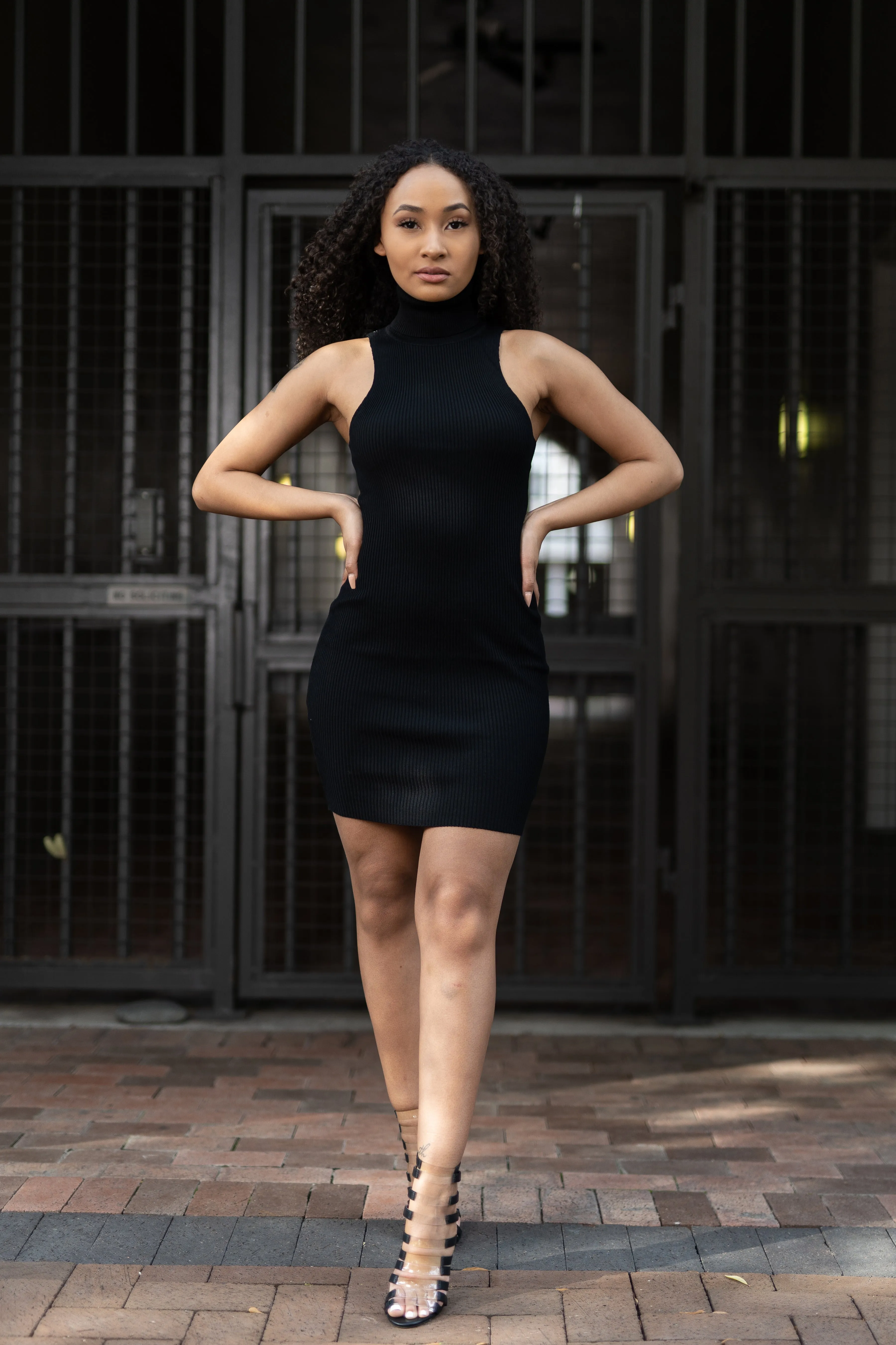 Sleeveless Ribbed Dress (Black)