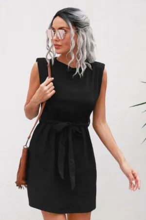 Sleeveless Tie Waist Round Neck Mini Dress