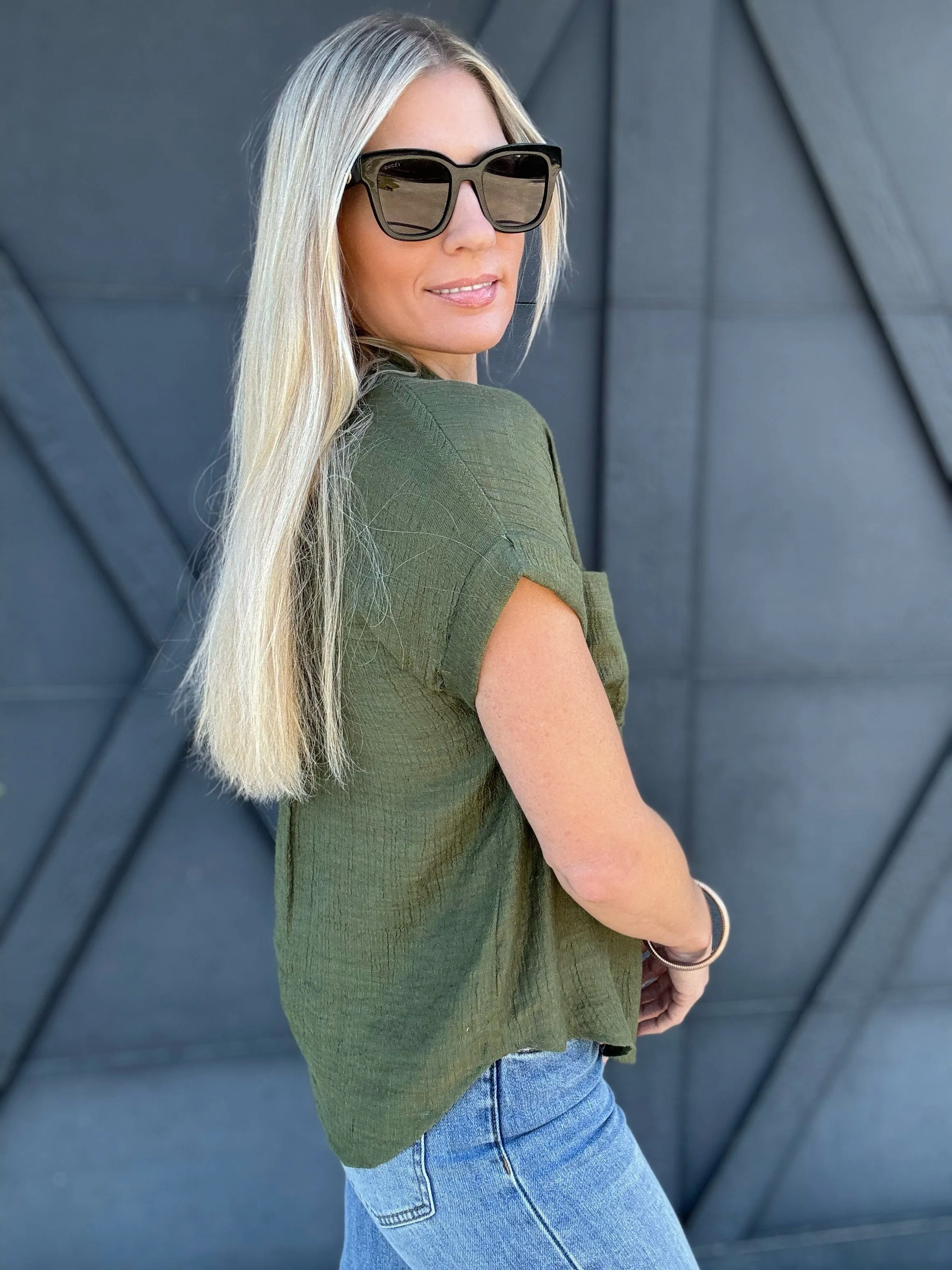 Solid Fold Sleeve Button Down In Dark Olive