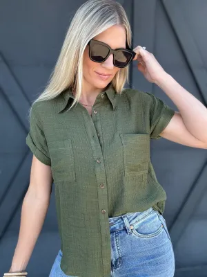 Solid Fold Sleeve Button Down In Dark Olive
