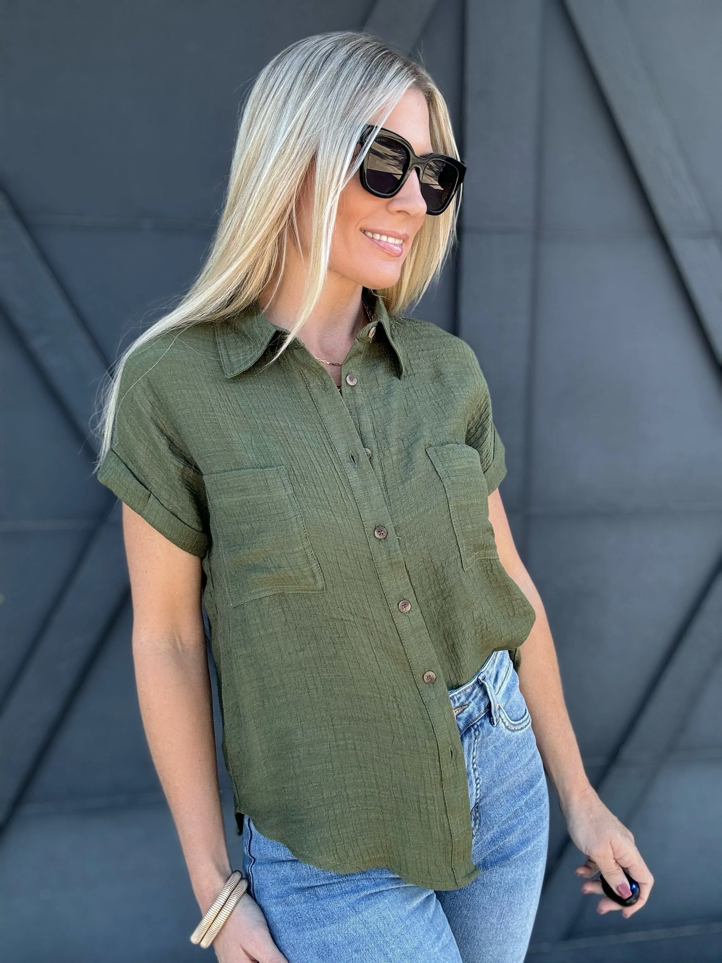 Solid Fold Sleeve Button Down In Dark Olive