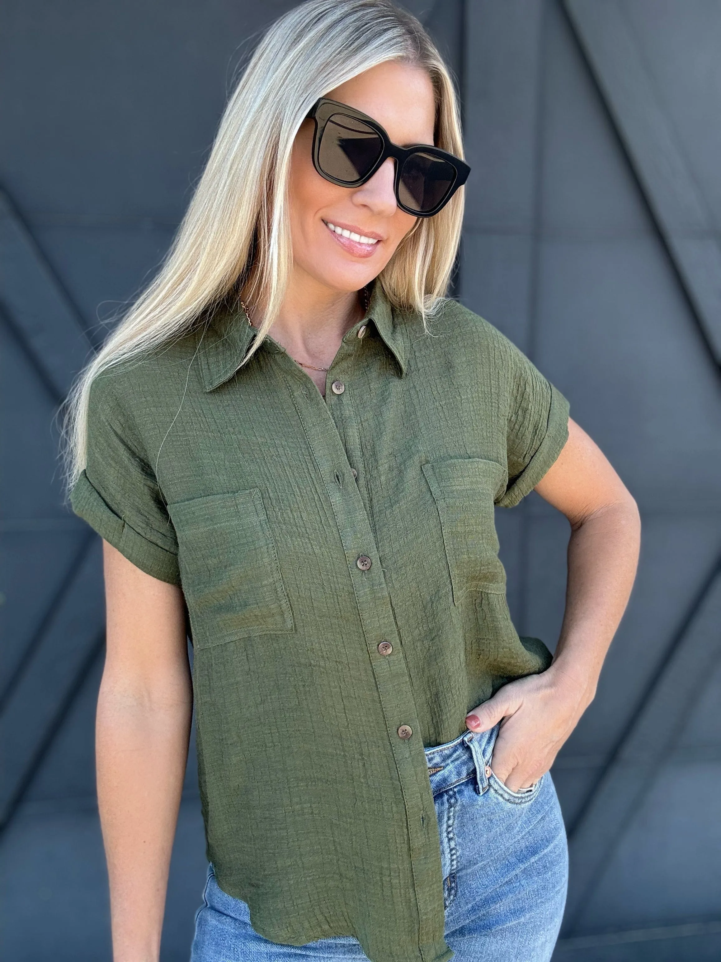 Solid Fold Sleeve Button Down In Dark Olive