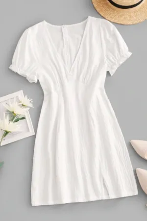 Split Hem Puff Sleeve Dress
