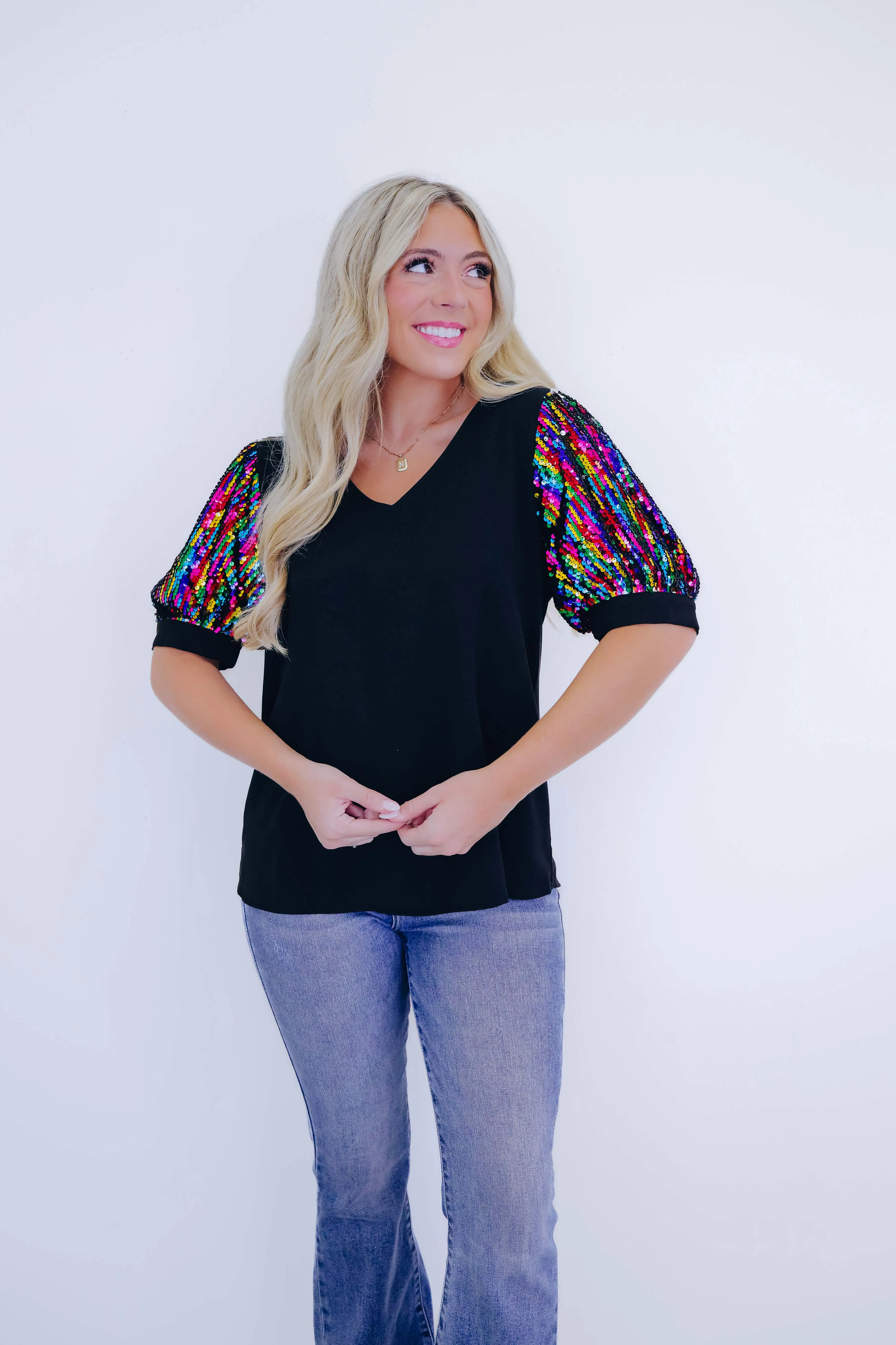 Stephie Sequin Puff Sleeve Blouse - 3 Colors