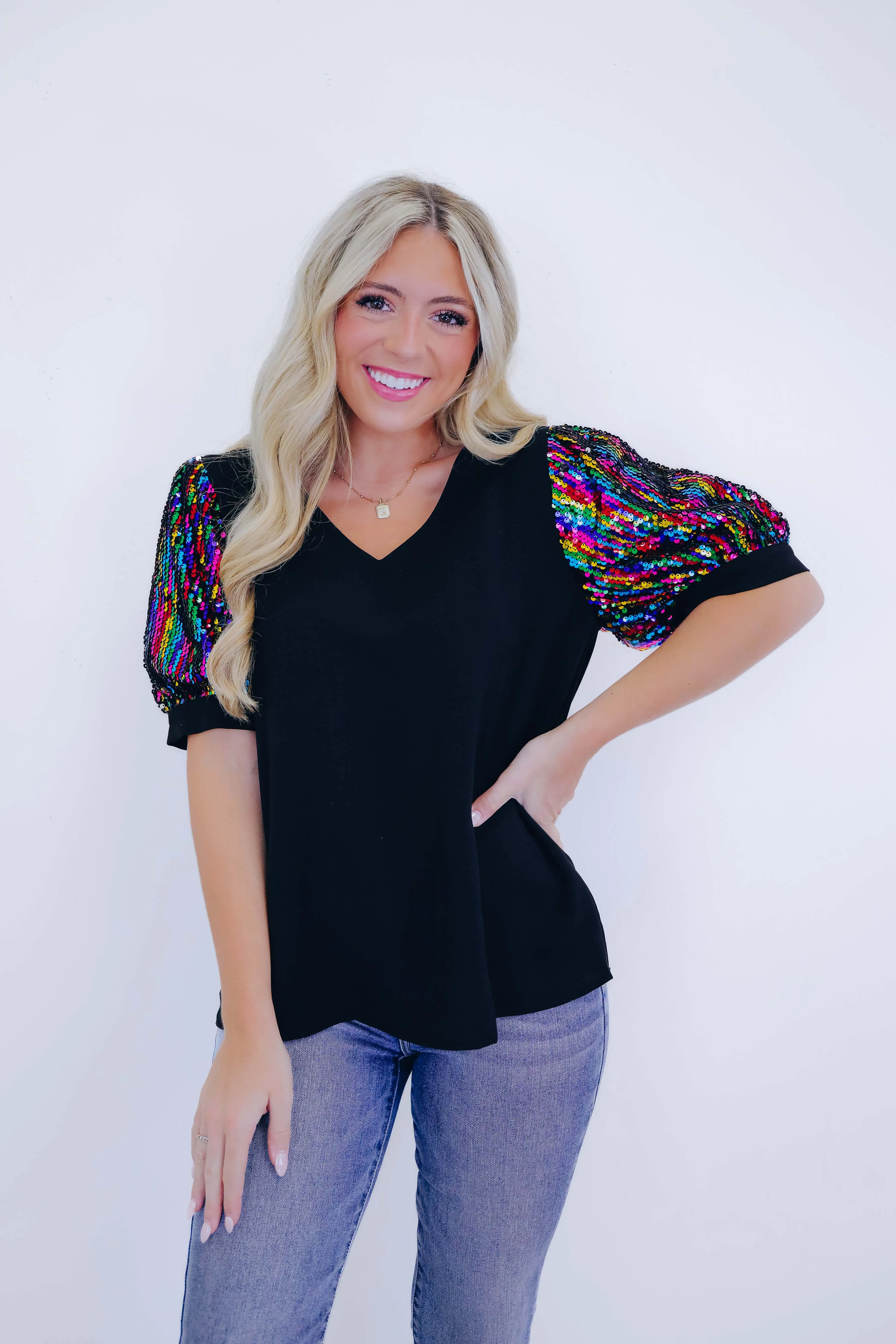 Stephie Sequin Puff Sleeve Blouse - 3 Colors