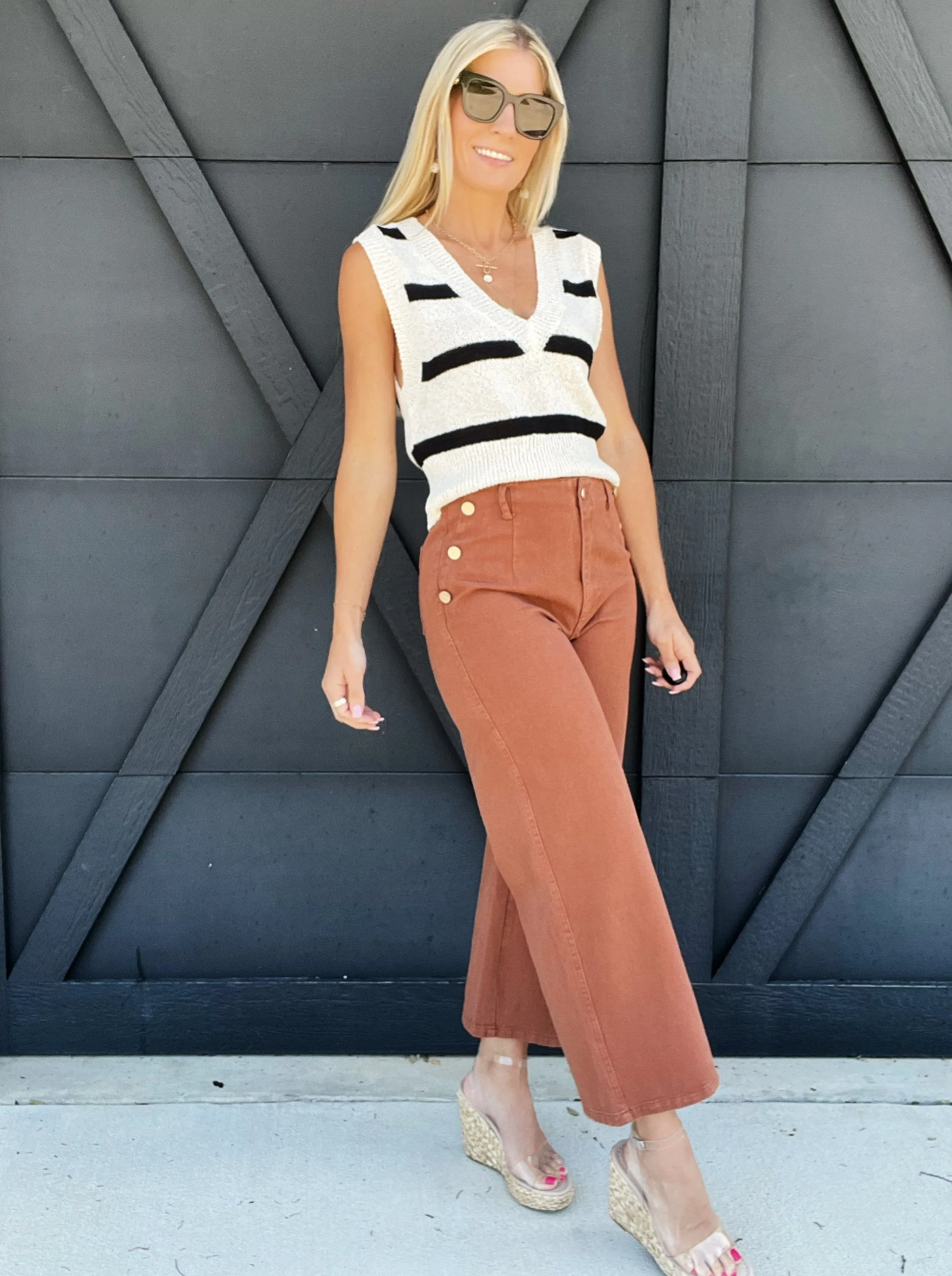 Stripe V Neck Sweater Vest Top In Ivory