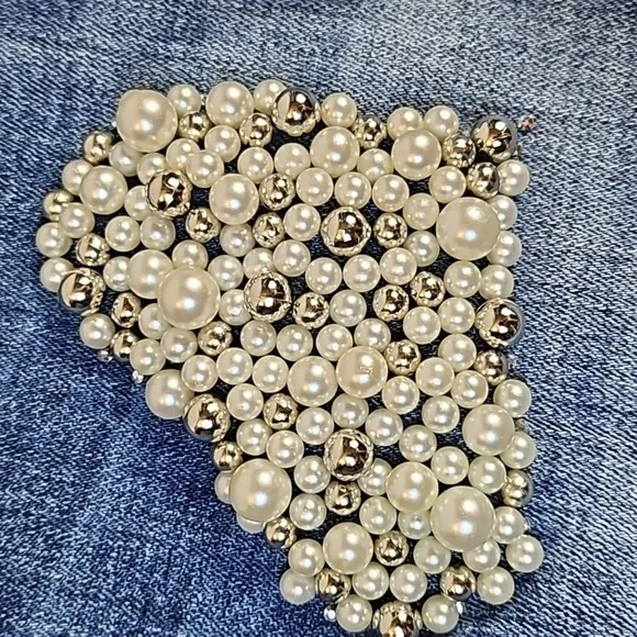 Tesoro Moda High Rise Medium Wash Distressed Pearl Heart Beaded Straight Jean