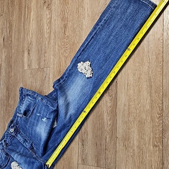 Tesoro Moda High Rise Medium Wash Distressed Pearl Heart Beaded Straight Jean