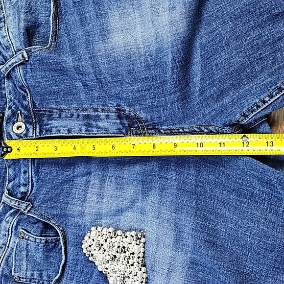 Tesoro Moda High Rise Medium Wash Distressed Pearl Heart Beaded Straight Jean
