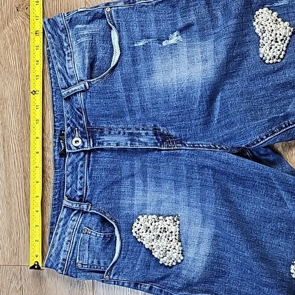 Tesoro Moda High Rise Medium Wash Distressed Pearl Heart Beaded Straight Jean