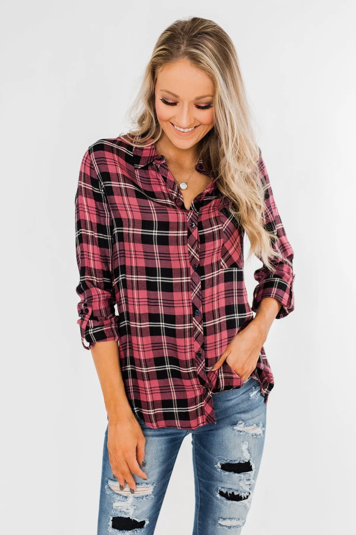 The Time To Shine Plaid Top- Light Berry & Black