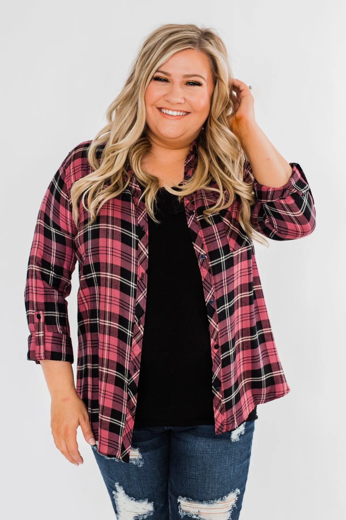 The Time To Shine Plaid Top- Light Berry & Black