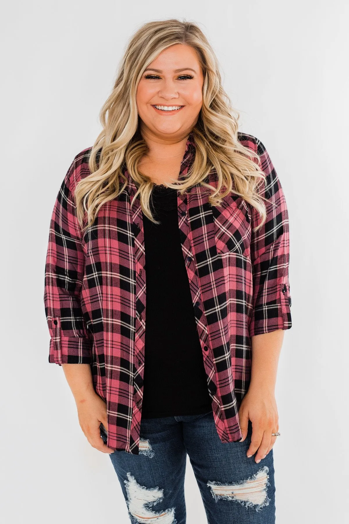 The Time To Shine Plaid Top- Light Berry & Black