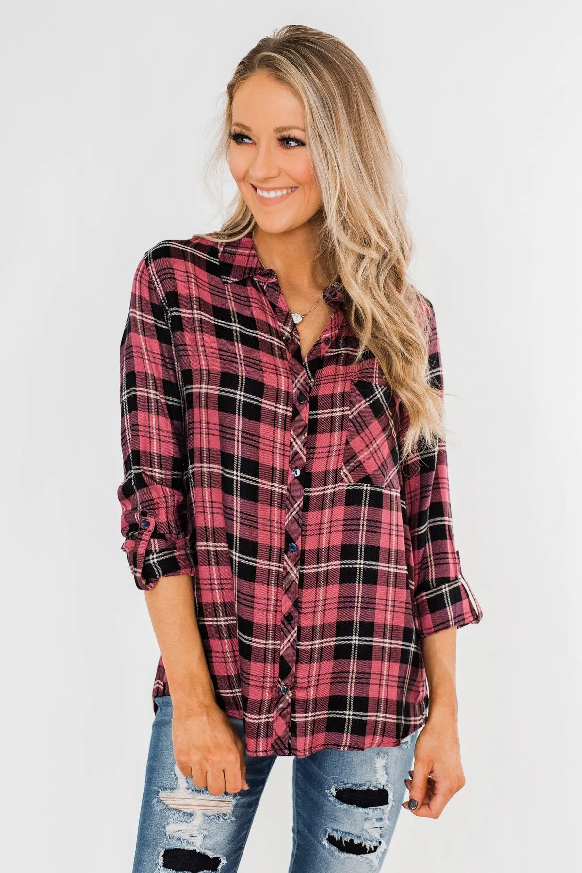 The Time To Shine Plaid Top- Light Berry & Black
