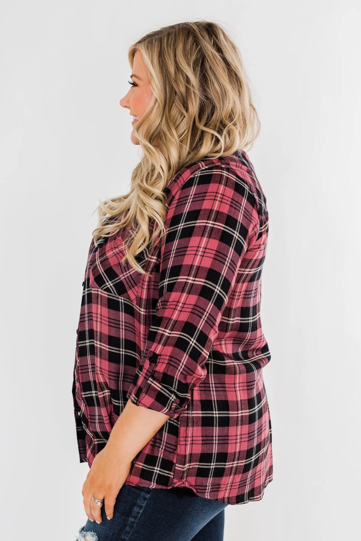 The Time To Shine Plaid Top- Light Berry & Black