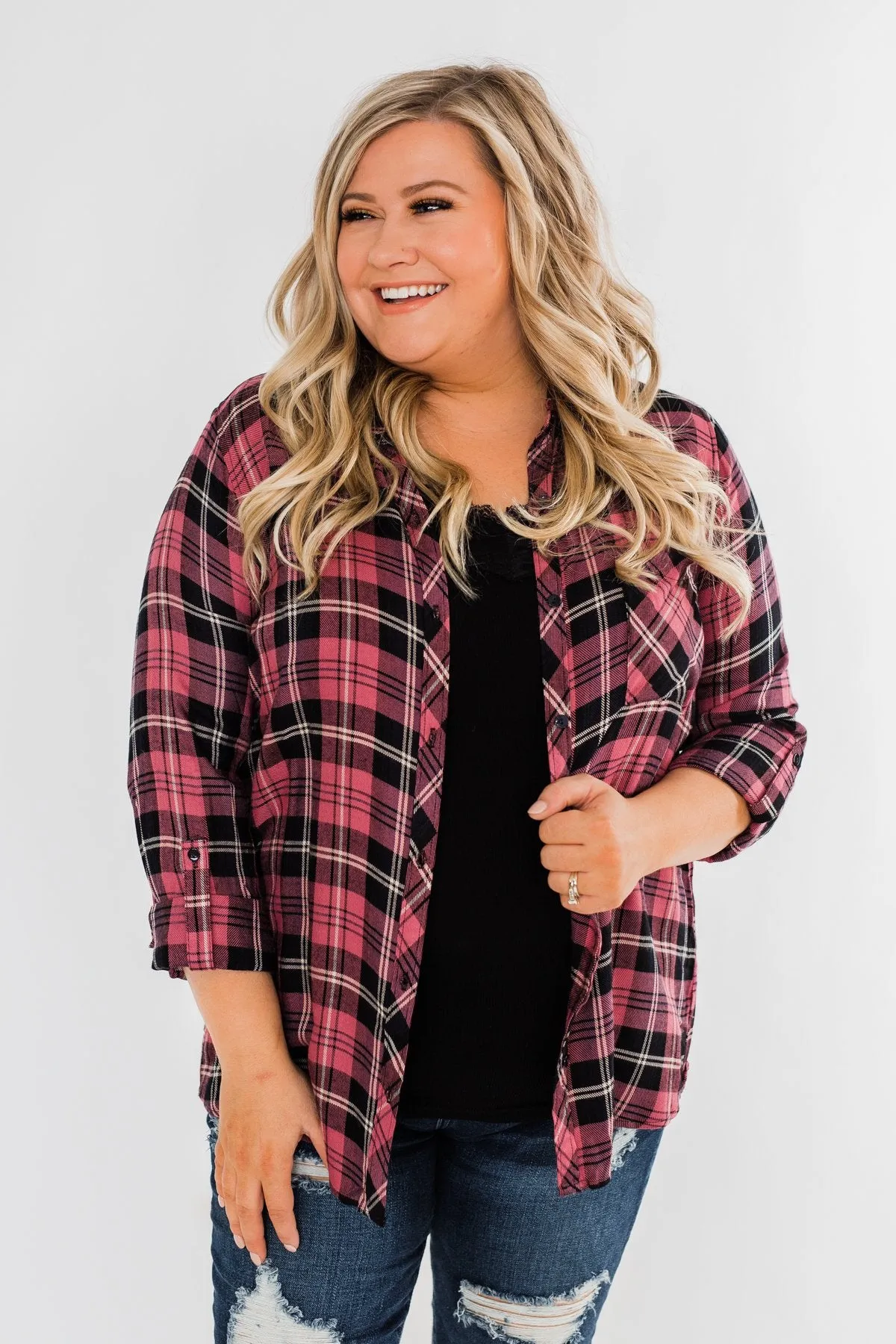 The Time To Shine Plaid Top- Light Berry & Black