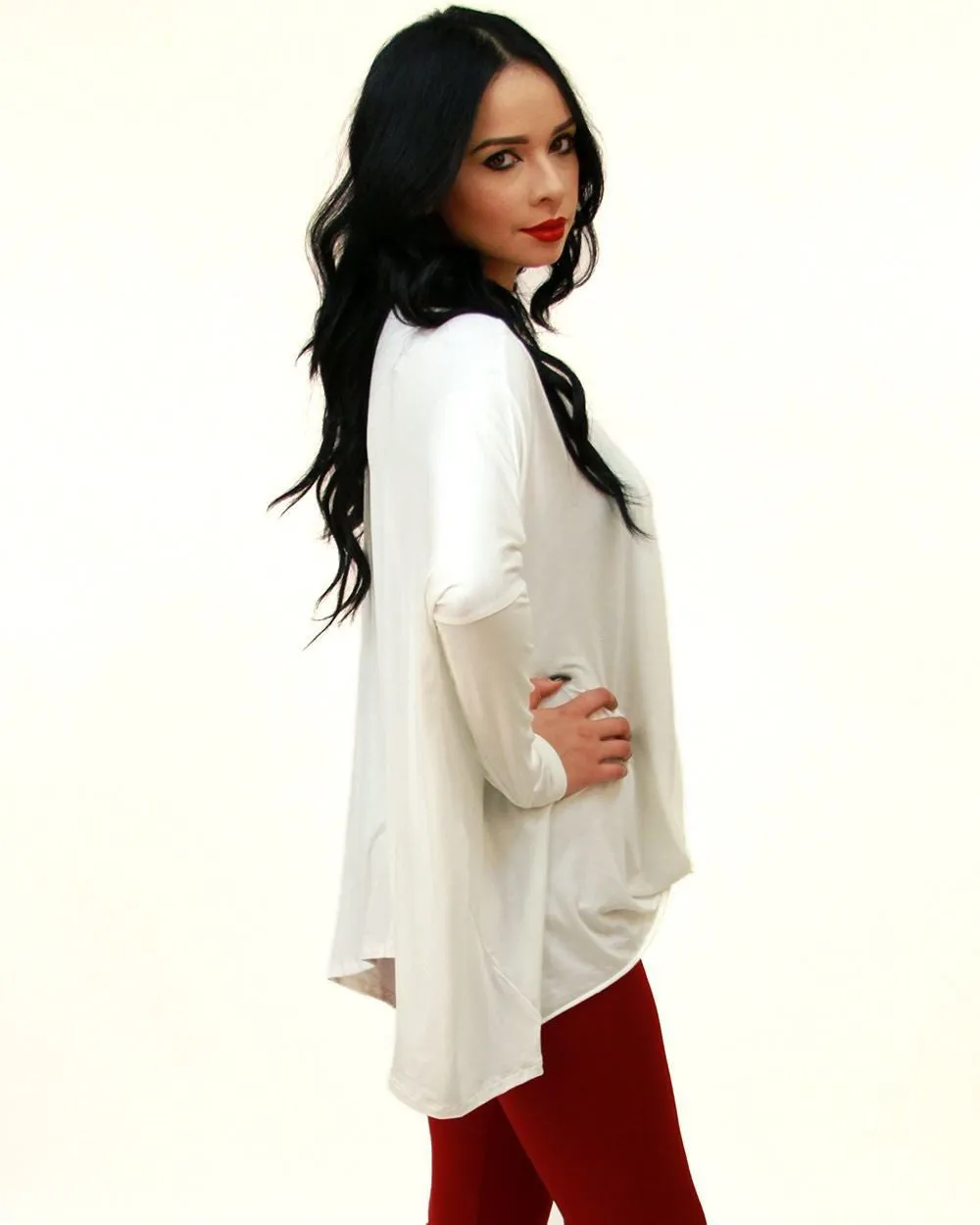 Tunic Top Shirt Dress Twist Top Long Sleeve Ivory White