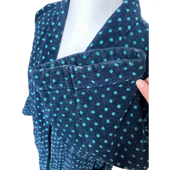 Vintage 90s Bill Blass Terry Cloth Robe w/ Belt Navy Blue Teal Polka Dot OS