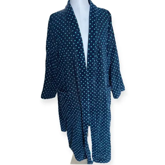 Vintage 90s Bill Blass Terry Cloth Robe w/ Belt Navy Blue Teal Polka Dot OS