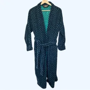 Vintage 90s Bill Blass Terry Cloth Robe w/ Belt Navy Blue Teal Polka Dot OS