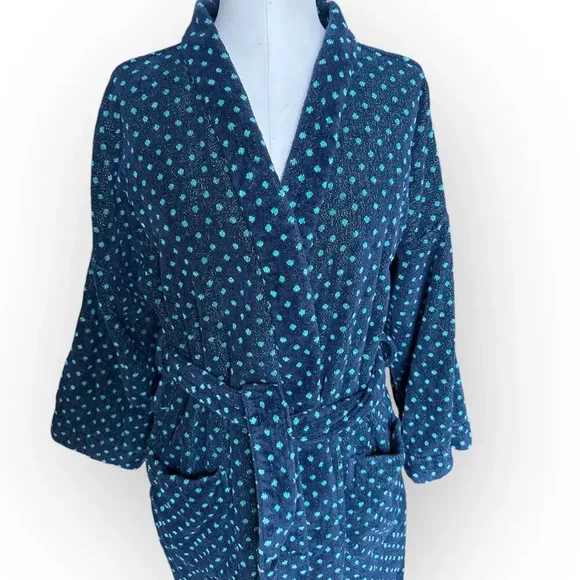 Vintage 90s Bill Blass Terry Cloth Robe w/ Belt Navy Blue Teal Polka Dot OS