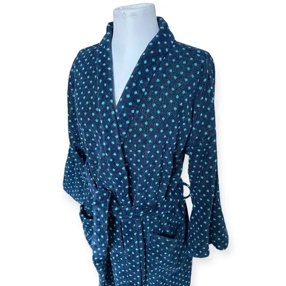 Vintage 90s Bill Blass Terry Cloth Robe w/ Belt Navy Blue Teal Polka Dot OS