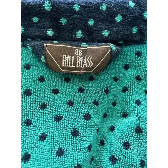 Vintage 90s Bill Blass Terry Cloth Robe w/ Belt Navy Blue Teal Polka Dot OS